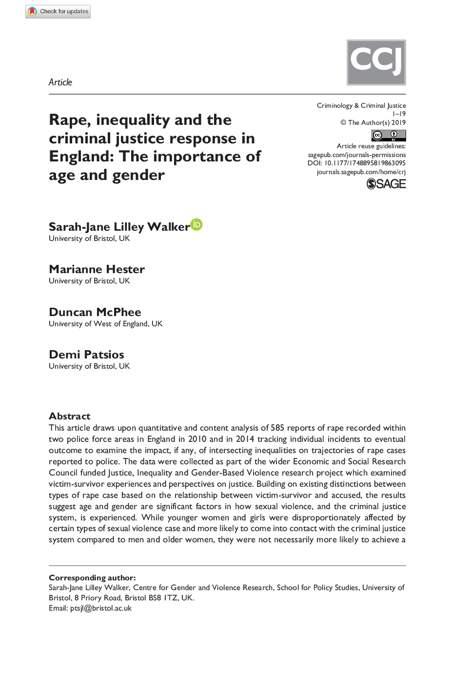 Rape, Inequality and the Criminal Justice Response in England: Importance of Age and Gender 