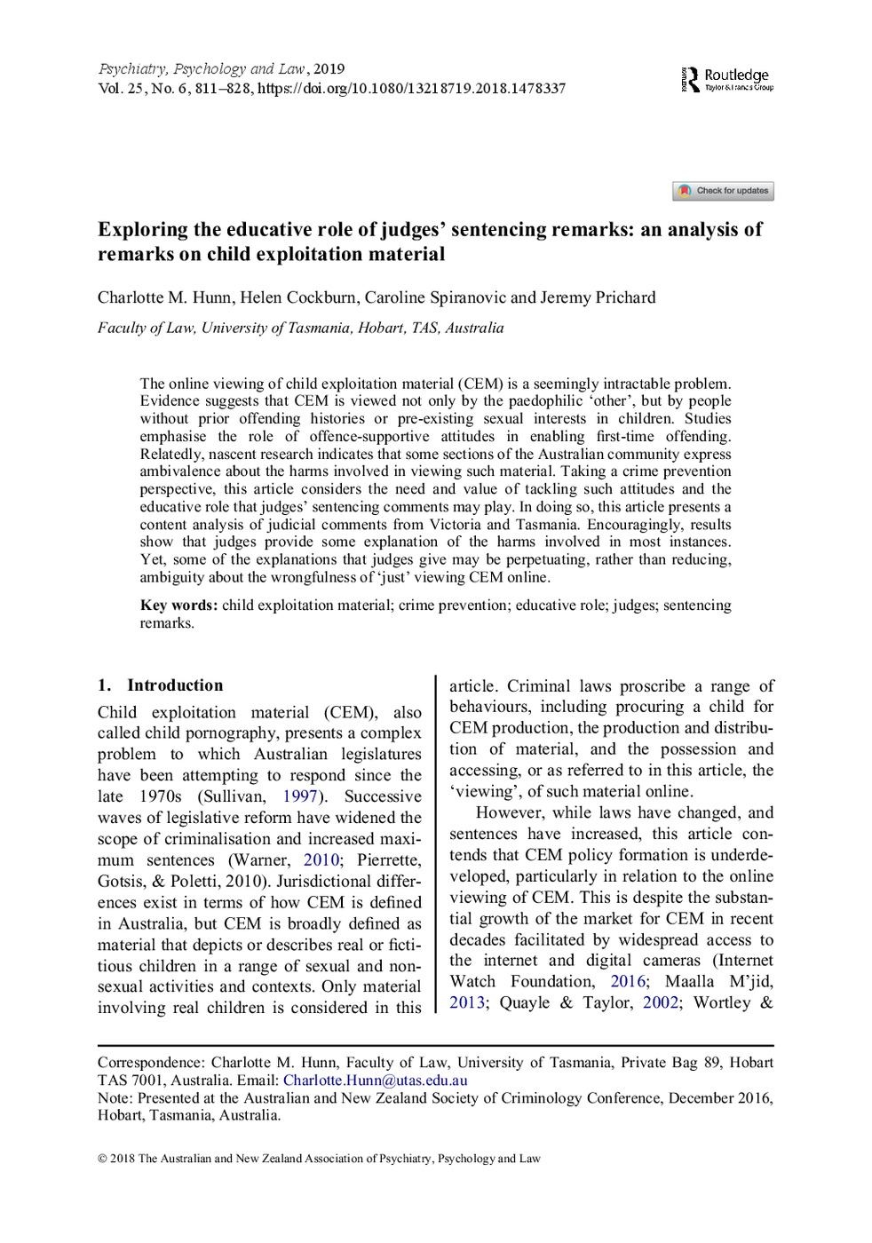 Exploring the educative role of judges’ sentencing remarks: an analysis of<br /><br />
remarks on child exploitation material