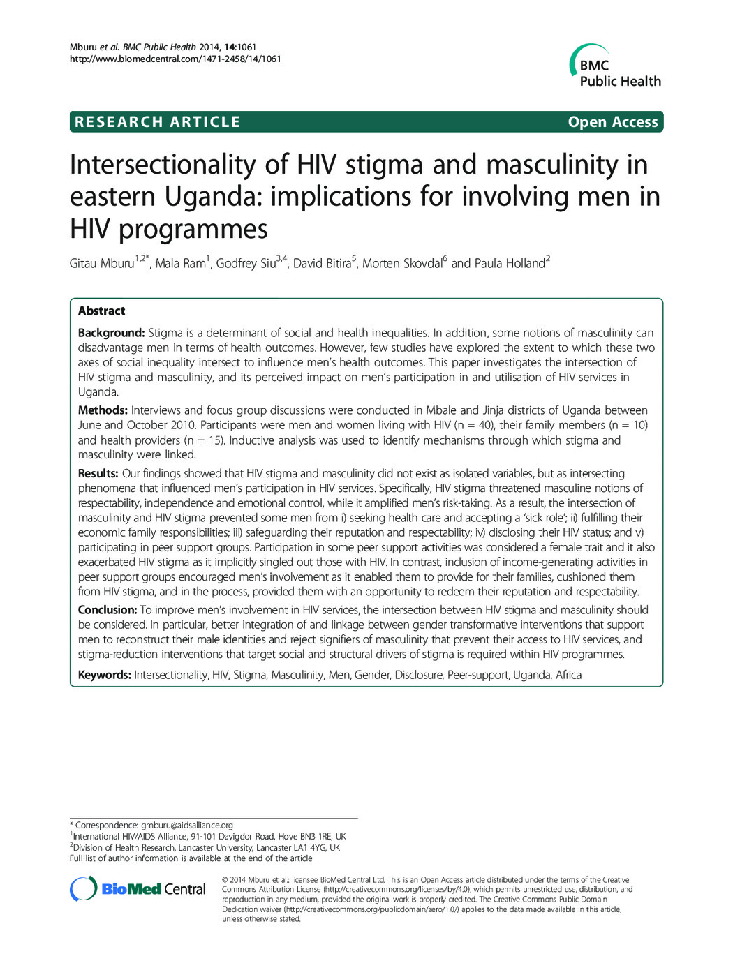 Intersectionality of HIV Stigma and Masculinity in Eastern Uganda