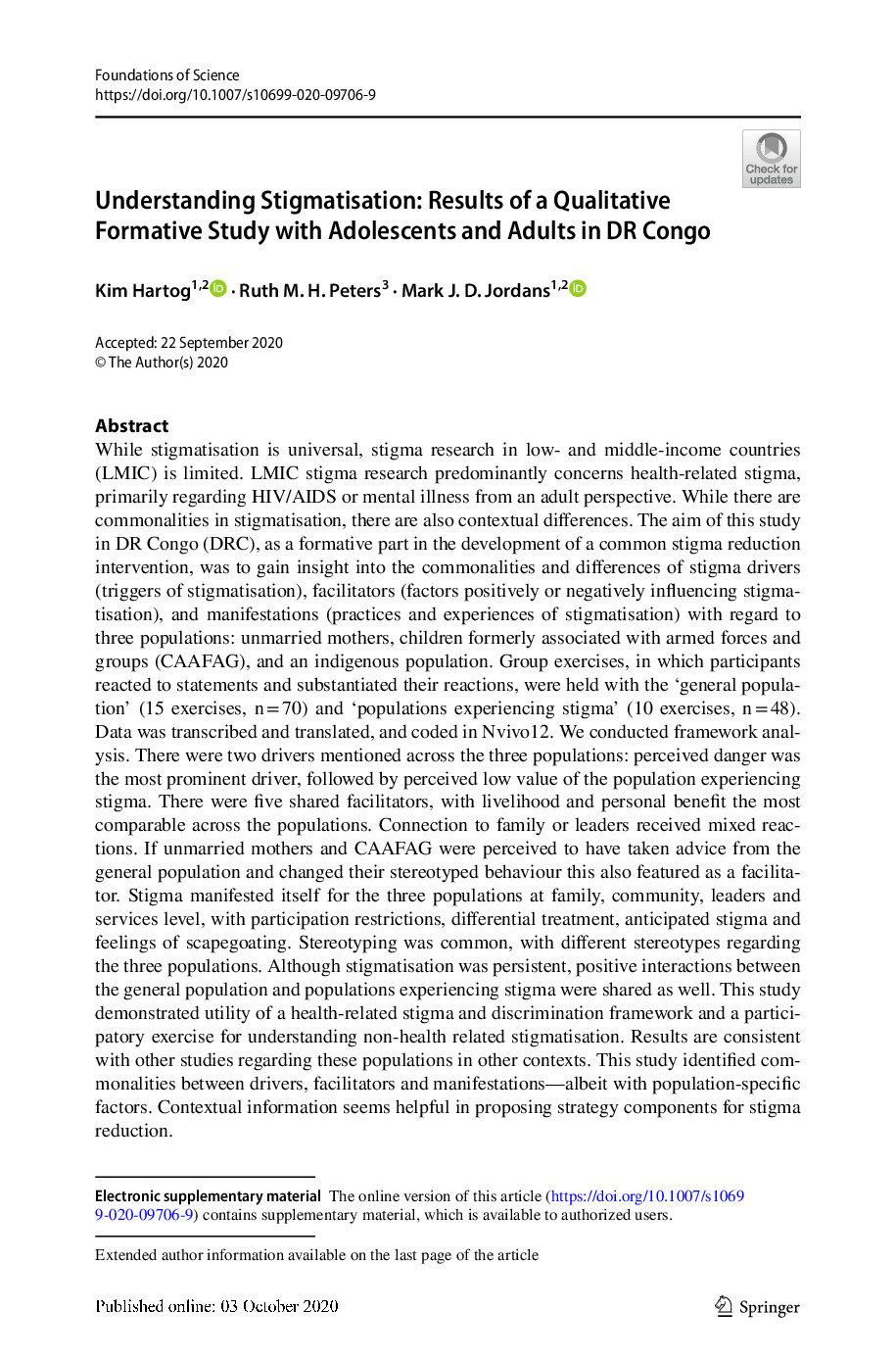Understanding Stigmatisation: Results of a Qualitative Formative Study with Adolescents and Adults in DRC 