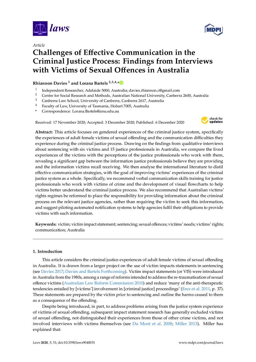 Challenges of Effective Communication in the Criminal Justice Process: Findings from Interviews with Victims of Sexual Offences in Australia