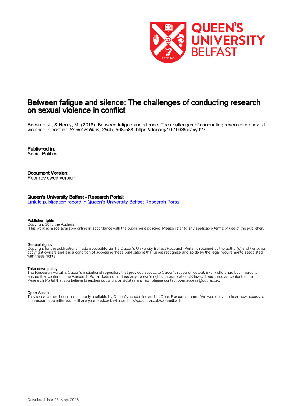 Between Fatigue and Silence: The Challenges of Conducting Research on Sexual Violence in Conflict